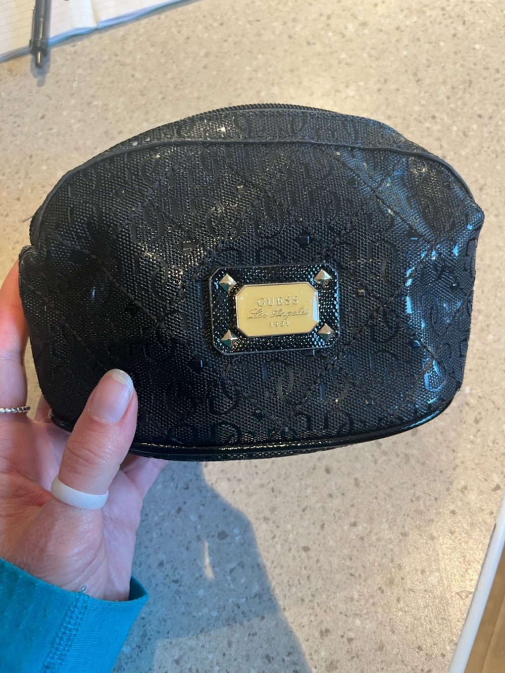 Guess Black Patent Logo Cosmetic Case with Gold Plaque